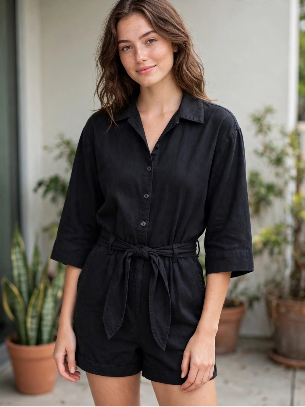 Women’s Black Short-Sleeve Belted Romper